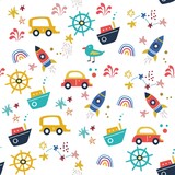 Fototapeta Dinusie - Seamless pattern of the boys elements, cars,  ship, rocket