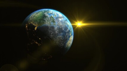 Wall Mural - sunrise and shadow on the earth rotate in space with star in universe. world realistic atmosphere 3d