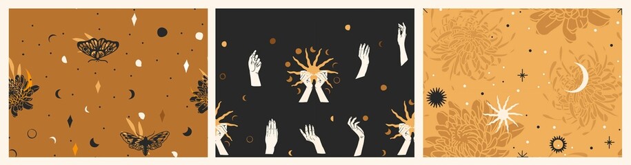 Wall Mural - Hand drawn vector abstract flat stock graphic illustration seamless pattern collection set with magic astrology celestial golden moon phases,flowers and stars,contemporary mystic and collage shapes.