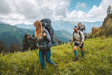 family vacation parents hiking with child travel adventure active healthy lifestyle man and woman hi