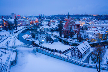 Wall Mural - Opera in Bydgoszcz after sunset. Aerial view of winter, Poland.