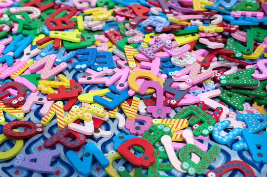 Toy letters, alphabet, numbers, colorful, fun stock photo.
