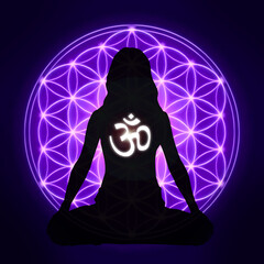 Wall Mural - Silhouette of a girl in Lotus position on the background of the universe and the flower of life. A state of trance and deep meditation. A spiritual journey in the universe.