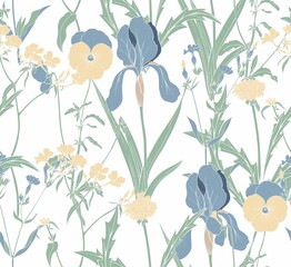 Wall Mural - Floral vector seamless background. Irises, dandelions and meadow flowers on a white background.