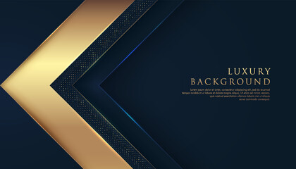 Wall Mural - Abstract golden geometric triangle arrow shapes on dark navy blue background. Modern Luxurious bright golden lines with golden glitter decorate. Technology futuristic concept. Vector illustration