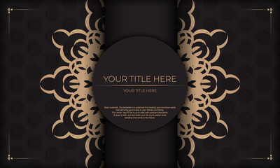 Template for a printable design of an invitation card with a luxurious ornament. Black background with greek vintage ornaments and place for your design.