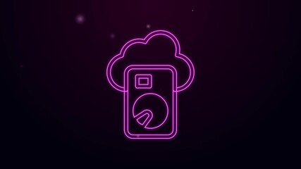 Poster - Glowing neon line Cloud database icon isolated on black background. Cloud computing concept. Digital service or app with data transferring. 4K Video motion graphic animation
