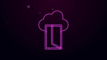 Poster - Glowing neon line Cloud database icon isolated on black background. Cloud computing concept. Digital service or app with data transferring. 4K Video motion graphic animation