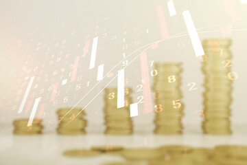 Poster - Abstract virtual financial graph hologram on stacks of coins background, forex and investment concept. Multiexposure