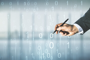 Aufkleber - Man hand with pen working with abstract virtual binary code hologram on blurred office background, AI and machine learning concept. Multiexposure