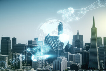 Aufkleber - Double exposure of abstract virtual robotics technology with world map hologram on San Francisco city skyscrapers background. Research and development software concept