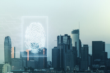 Poster - Multi exposure of virtual abstract fingerprint illustration on Los Angeles city skyline background, digital access concept