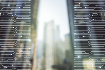 Poster - Abstract virtual microscheme illustration on office buildings background. Big data and database concept. Multiexposure