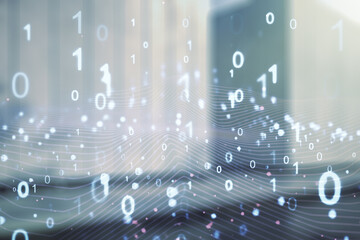 Leinwandbilder - Abstract virtual binary code illustration on blurry modern office building background. Big data and coding concept. Multiexposure