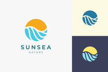 Ocean With Sun Or Surfing Logo Template In Circle And Abstract Shape