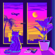 Cat sitting on the windowsell looking through the window. Plant, cassette and a quick not 
