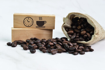 Wall Mural - Coffee bean brown roasted with clock and mug symbols