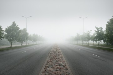 Wall Mural - Divided new asphalt road (highway) in a fog. Cobblestone pedestrian walkway and alley of young green trees. Street lanterns, traffic lights. Cityscape. Landscaping, dangerous driving, safety concepts