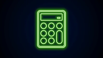 Poster - Glowing neon line Calculator icon isolated on black background. Accounting symbol. Business calculations mathematics education and finance. 4K Video motion graphic animation
