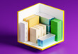 Rental Storage Units 5 by 5 feet. Self storage unit cutaway. Warehouse container with content demonstration. Rental storage room on purple background. Warehouse unit with various boxes. 3d image