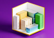 Rental Storage Units 5 By 5 Feet. Self Storage Unit Cutaway. Warehouse Container With Content Demonstration. Rental Storage Room On Purple Background. Warehouse Unit With Various Boxes. 3d Image