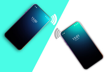 Poster - Two phones with lock screen. Wireless icons next to them. Smartphones with NFC technology. Near field communication technology for phone. Use of NFC technology. 3d visualization.