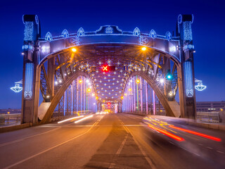 Wall Mural - Saint Petersburg Christmas. Russia new year. Christmas decorations on Bolsheokhtinsky bridge. bridge in Saint Petersburg is decorated for Christmas. Russia on Xmas night. Cities of Russia.