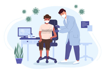 Doctor in a medical gown and mask vaccinates a boy with a coronavirus vaccine. Medicine and health care vector illustration concept. 