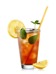 Cold ice tea with lemon and mint leaves