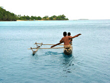 Children Paddling In A Canoe, Two Young Tongans In A Dugout Proa.
