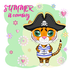 Cartoon tiger pirate in a striped T-shirt, cocked hat, with an eye patch. Summer is coming. Children's style, sweetheart. Symbol of the New Year 2022