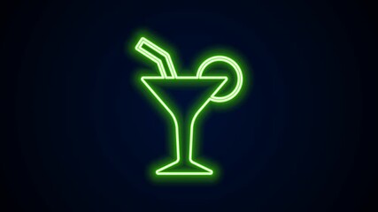 Sticker - Glowing neon line Cocktail and alcohol drink icon isolated on black background. 4K Video motion graphic animation