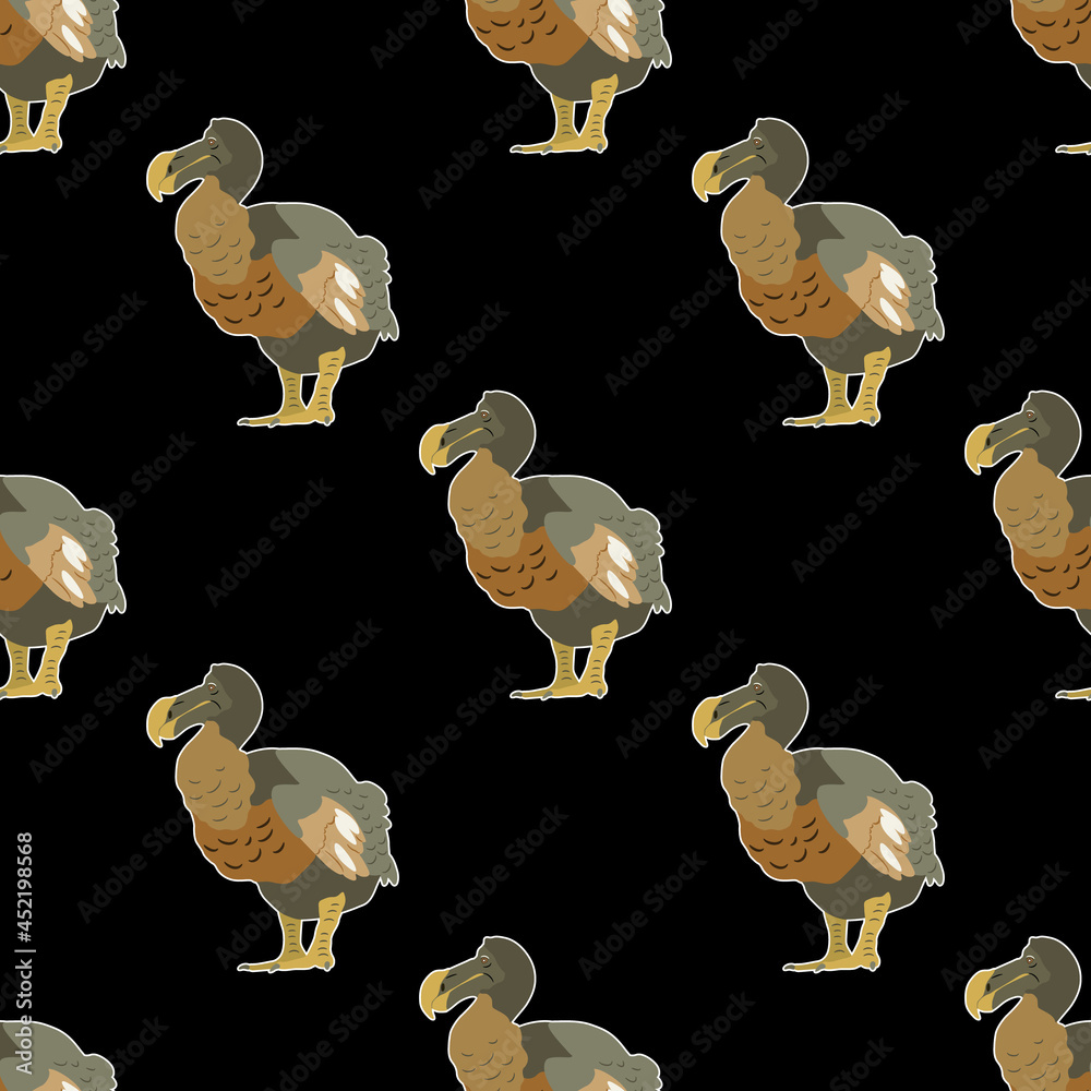 Seamless animal pattern with silhouettes of extinct bird Dodo. (Raphus ...