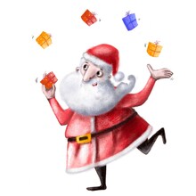 Happy Santa Juggling Presents, Funny Christmas Illustration With Cartoon Character