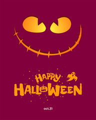 Wall Mural - Happy Halloween party poster design template. Jack O Lantern pumpkin on burgundy color background and hand drawn inscription with ghost. Traditional October 31 holiday greeting card. Vector eps banner