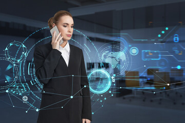 Poster - Attractive businesswoman wearing formal suit is talking via smar