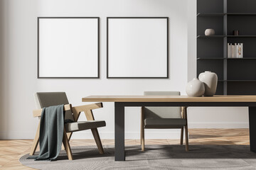 Living room interior with two white empty poster, armchairs, table