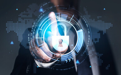 Poster - Businessman wearing formal suit is touching hologram of digital interface