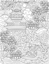 Traditional Japanese House Beside A Lake With Swans And Trees Colorless Line Drawing. Old Asian House Surrounded By Tree Pond Coloring Book Page.