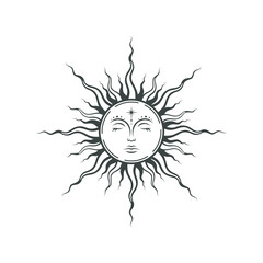 Wall Mural - sketch tattoo mystical boho sun with face. magical vector isolated illustration on white background