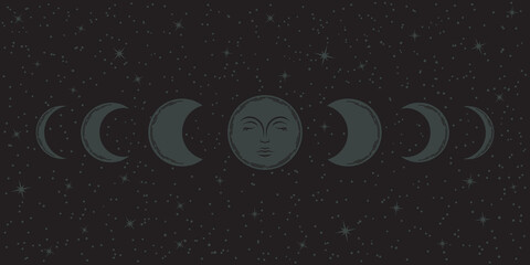 Wall Mural - boho moon phases background. vector mystical cover with crescents and magical full moon with face, s