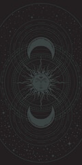 Wall Mural - Boho moon background. Vector mystical cover in ethnic style with magical crescents and sun with face, surrounded stars on black. Esoteric dark illustration