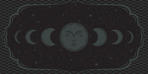 Wall Mural - boho moon phases background. vector mystical cover with crescents and magical full moon with face, s