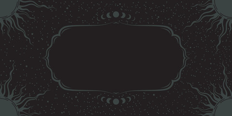 Wall Mural - dark esoteric background with suns, stars and copy space. magical layout in black color with a frame