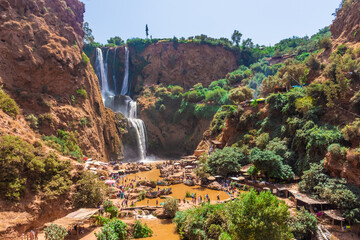 OUZOUD, MOROCCO, 5 SEPTEMBER 2018: People having fun around the Ouzoud Waterfalls, the highest in North Africa