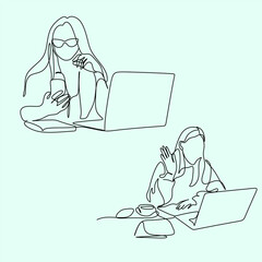 Continuous one single line drawing of woman relaxing at home using laptop computer for video call, skype. Happy young cute girl who wave hand smiling looks at pc screen. Vector illustration