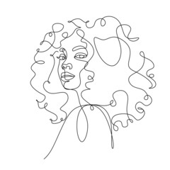 Poster - Line Art Woman Face Drawing.  Afro American Female Logo. Contouring Line. Minimalist Face. Beauty salon