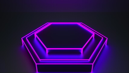 Aufkleber - Modern empty glow dark studio with neon light. 3d rendering, computer generated abstract background