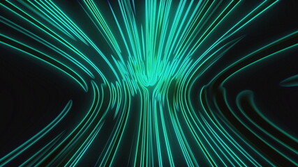 Poster - Abstract computer generated background, 3D rendering. Numerous vertical neon lines shimmer in a smooth bend.