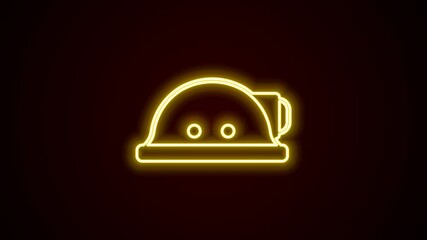 Sticker - Glowing neon line Miner helmet icon isolated on black background. 4K Video motion graphic animation